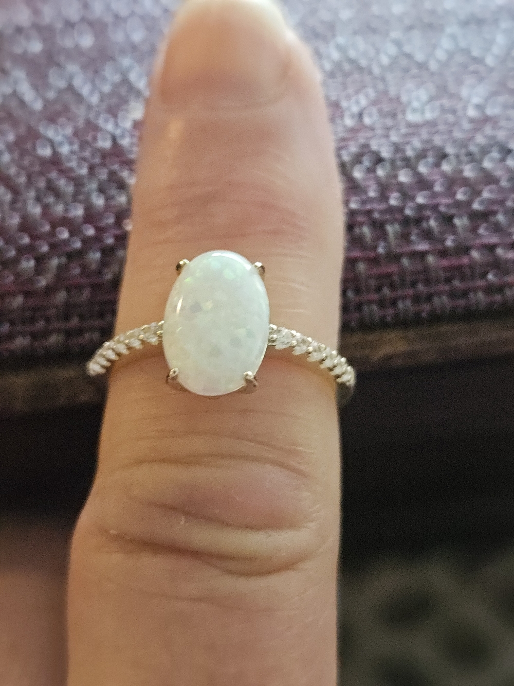 Elegant White Opal Ring with Pavé Band - 14ct Gold Over Sterling Silver Size 9